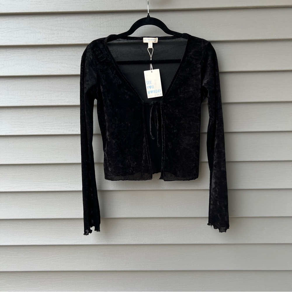 See You Monday Flare Sleeves Cover Up Top Black Size S Velvet Sheer Tie Front
